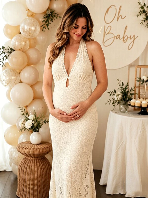 beige baby shower dress Momyknows Elegant Halter Neck Lace Backless Lace-Up Bodycon Maternity Maxi Cream Floral Print Fabric