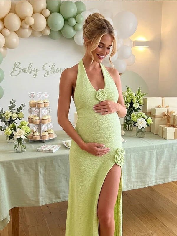 halter maternity dress Lavetir Emerald Sheath/Column Sleeveless Floor-Length Wedding Guest Dresses with Ruched 2026 CL137371022 Momyknows Halter Neck Backless 3D