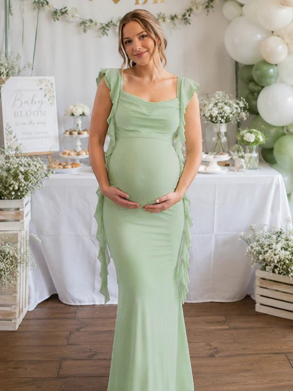 Momyknows Elegant Green Backless Ruched Falbala Side Draped Maternity Baby Shower Maxi Dress, Green / XL