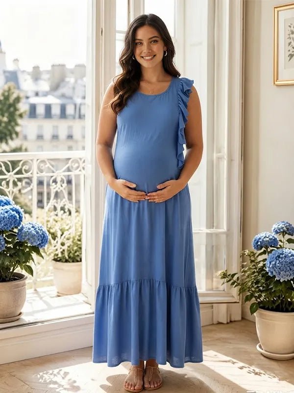 Momyknows Plus Size Irregular Ruched Ruffle Maternity Photoshoot Maxi Dress, Ginger Yellow / L