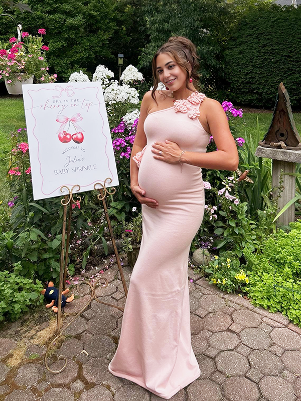 Momyknows Pink Knit 3D Flowers One Shoulder Mermaid Maternity Maxi Dress