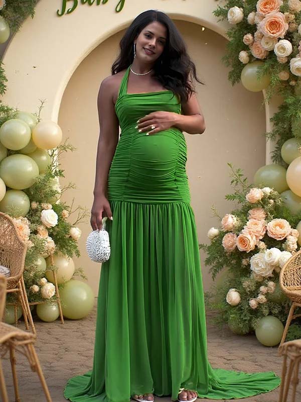 Momyknows Mesh Ruched Wrap Side Slit Backless Maternity Maxi Dress