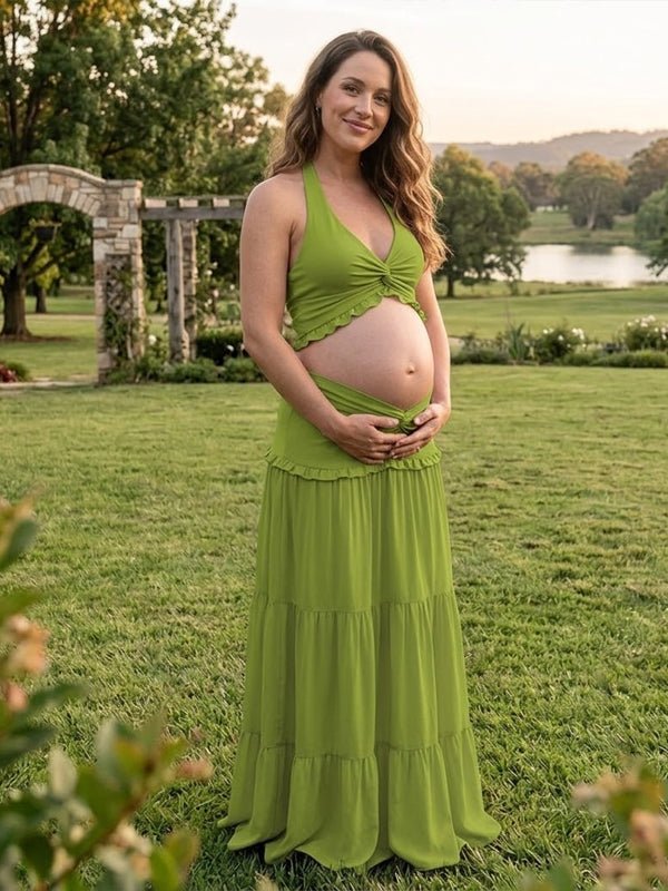 maternity photoshoot green dress Momyknows Halter Neck Wood Ear Edges Backless Lace Up Ruched Maxi zipper fastener