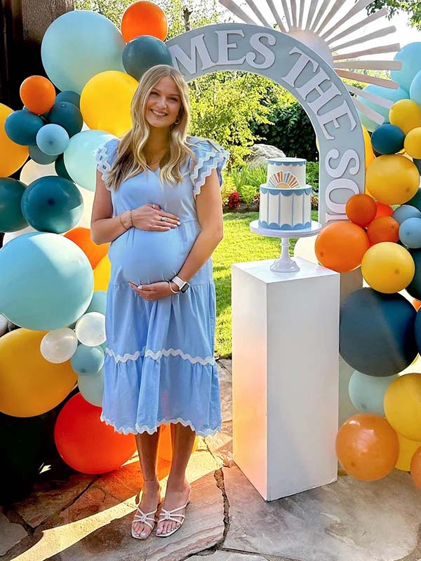 Momyknows Light Blue Wavy Edge Baby Boy Shower Maternity Maxi Dress
