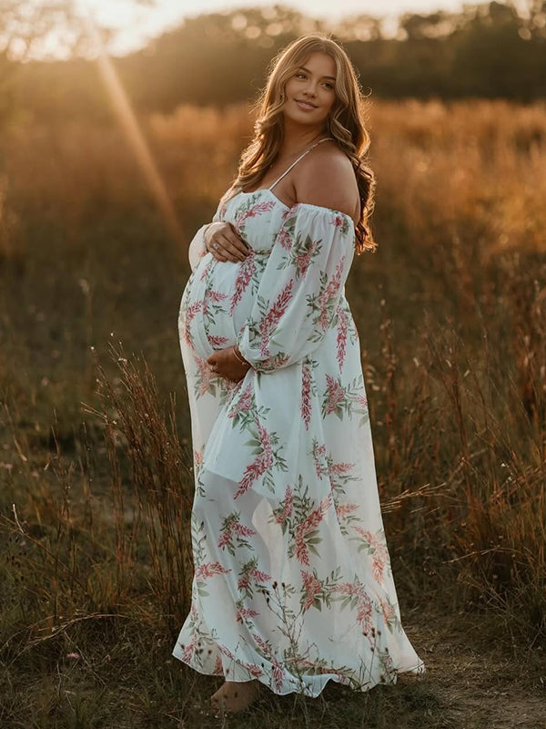 Floral Cut Out Off Shoulder Backless Maternity Photoshoot Maxi Dress White / L Floral Cut Out Off Shoulder Backless Maternity Photoshoot Maxi Dress White / L
