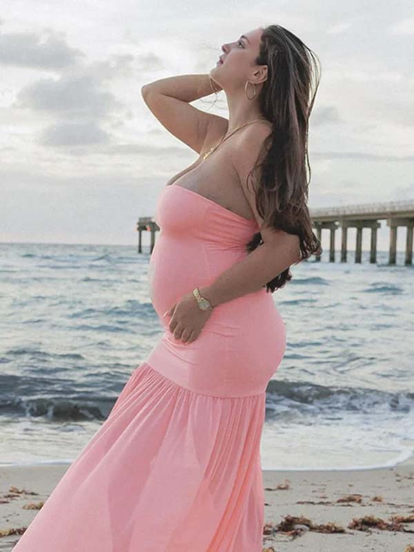 Momyknows Pink Mesh Big Swing Patchwork Strapless Maternity Maxi Dress