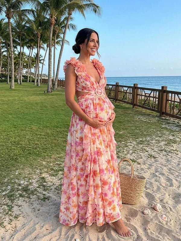 Momyknows Orange 3D Flower Ruched Ruffle Floral Mesh Lace-up Backless Vacation Photoshot Maternity Maxi Dress