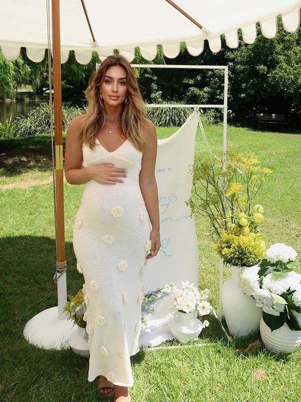 Momyknows White Halter Neck Backless 3D Flowers Crochet Mermaid Bodycon Elegant Baby Shower Maternity Maxi Dress White / L Momyknows White Halter Neck Backless 3D Flowers Crochet Mermaid Bodycon Elegant Baby Shower Maternity Maxi Dress White / L