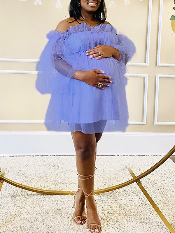 Momyknows Purple Grenadine Tulle Off Shoulder Ruffle Flare Sleeve Baby Shower Photoshoot Maternity Dress, Purple / S