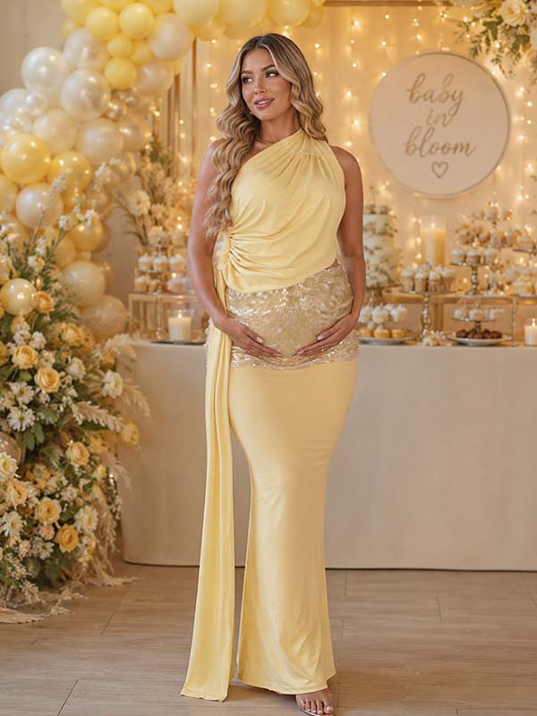 Momyknows Yellow Oblique Shoulder Ruffle Lace-up Backless Sequin Maternity Baby Shower Maxi Dress