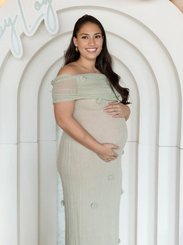 Matcha 3D Flowers Off Shoulder Plus Size Baby Shower Maternity Maxi Dress Green / XL Matcha 3D Flowers Off Shoulder Plus Size Baby Shower Maternity Maxi Dress Green / XL
