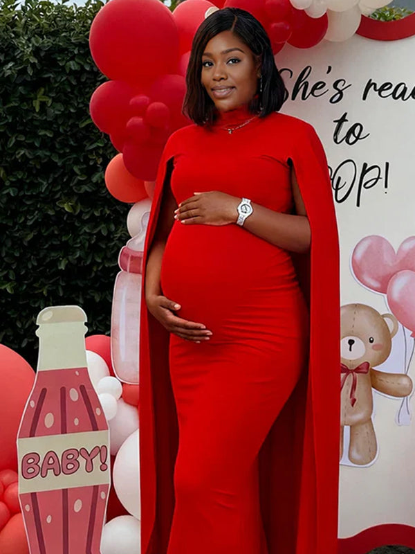 Momyknows High Neck Spliced Cape Plus Size Maternity Baby Shower Maxi Dress Red / 5XL Momyknows High Neck Spliced Cape Plus Size Maternity Baby Shower Maxi Dress Red / 5XL