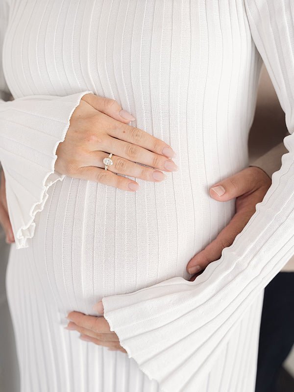 Momyknows Solid Color Sashes Knit Lace-up High Waist Going Out Photoshoot Maternity Sweater Maxi Dress, White / 2XL