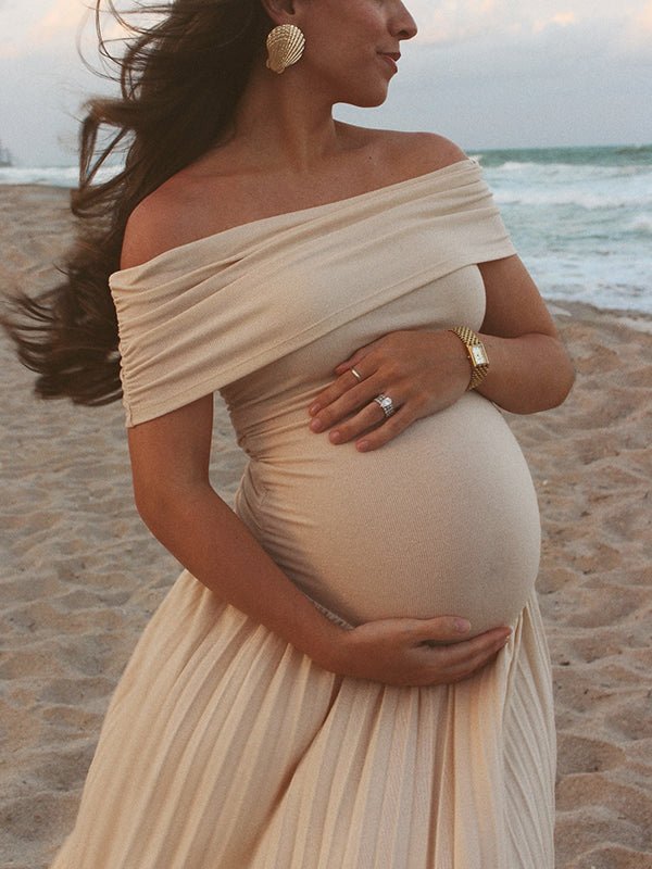 maternity dresses for beach photoshoot Momyknows Apricot Off Shoulder Ruched Pleated Big Swing Elegant Evening Gown Boho Baby Shower Maxi Dress Color:Fandango Pink Lipsy Dress in Black, LACEDRESS