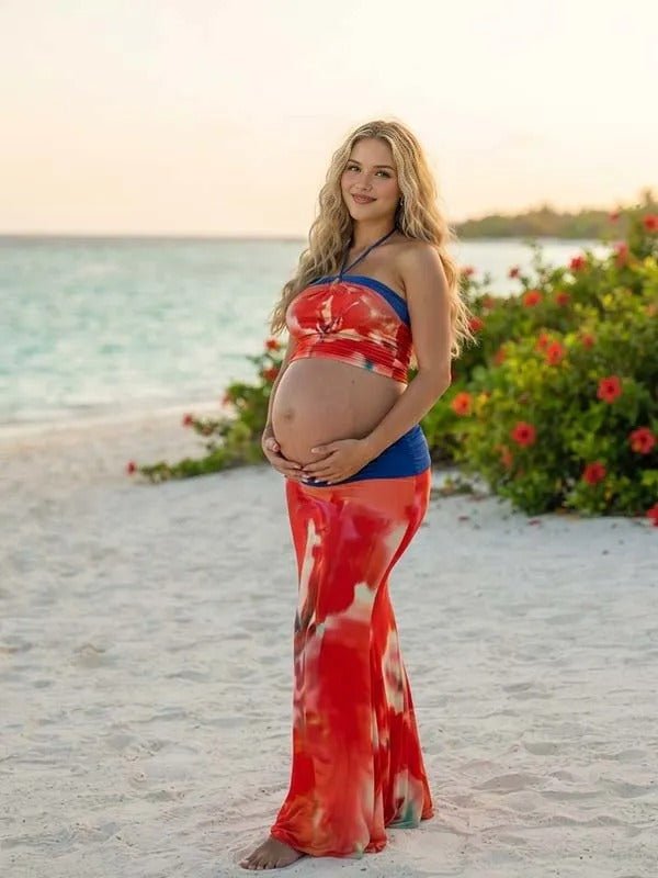 red holiday maternity dress Momyknows Halter Neck Midriff Two Piece Lace-up Print Photoshoot Maxi Garment Care_Machine Washable