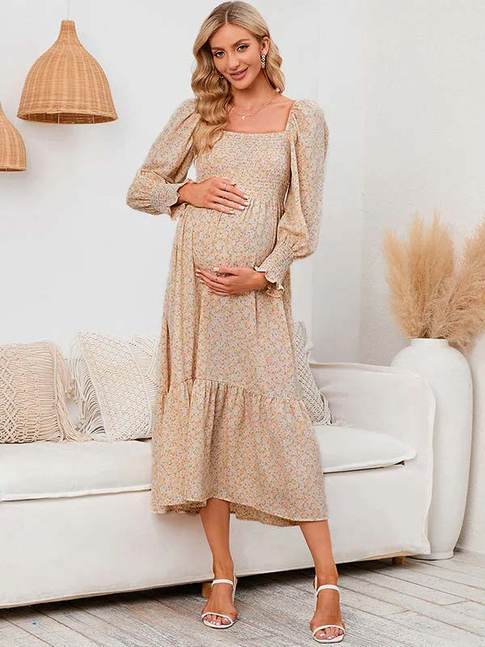 Momyknows Chiffon Floral Print Ruffle High Waist Boutique Holiday Sweet Maternity Maxi Dress Yellow / M Momyknows Chiffon Floral Print Ruffle High Waist Boutique Holiday Sweet Maternity Maxi Dress Yellow / M