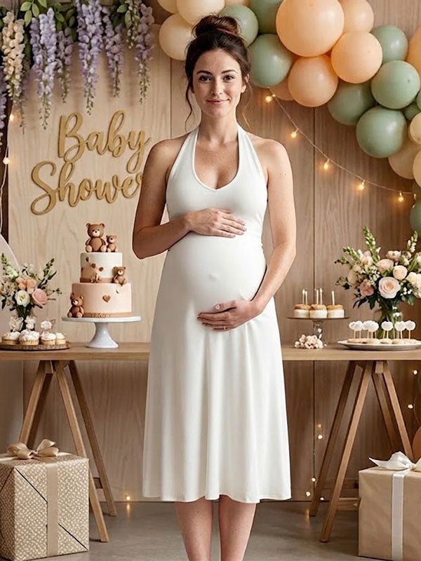 Momyknows Cute White Halter Neck Backless Lace-Up Bodycon Baby Shower Maternity Midi Dress