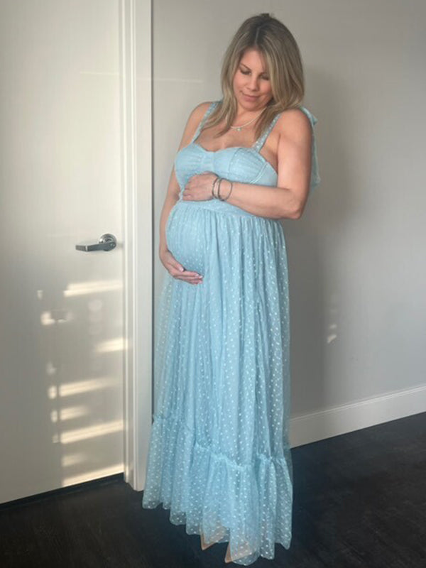 Momyknows Solid Color Tulle Spaghetti Strap Backless Ruffle Lace-Up Grenadine Photoshoot Gown Baby Shower Maternity Maxi Dress Sky Blue / M Momyknows Solid Color Tulle Spaghetti Strap Backless Ruffle Lace-Up Grenadine Photoshoot Gown Baby Shower Maternity Maxi Dress Sky Blue / M