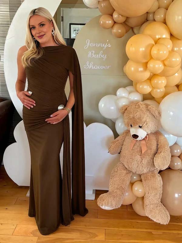 Momyknows Chic Brown Ruched Side Draped Studded Bodycon Irregular Asymmetric Shoulder Baby Shower Maternity Maxi Dress