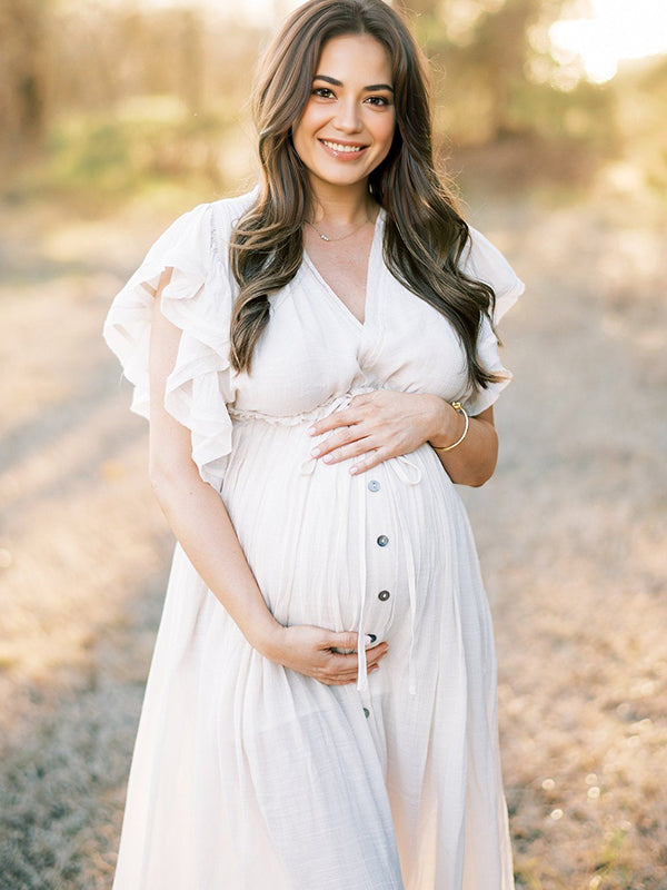 open lace back dress Momyknows White Deep V Neck Button Down Boho Beach Bikini Cover Up Dress  Party Photoshoot Maternity Dress