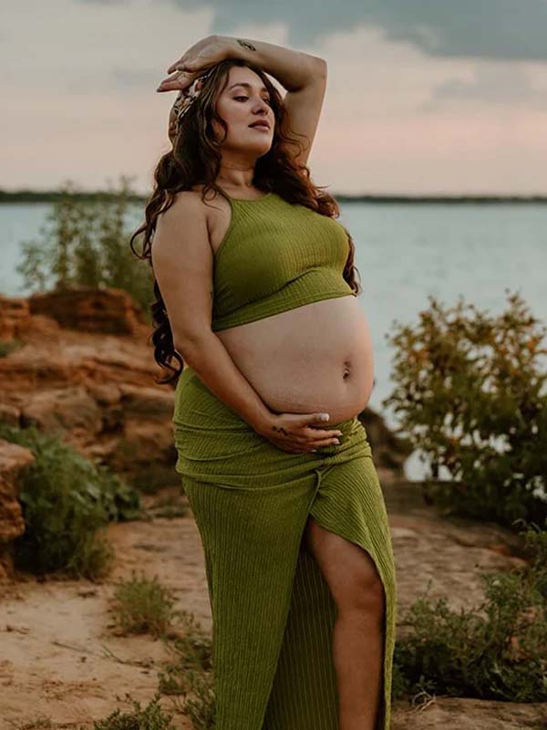 Momyknows Green Halter Neck Side Slit Two Piece Maternity Photoshoot Maxi Dress Green / L Momyknows Green Halter Neck Side Slit Two Piece Maternity Photoshoot Maxi Dress Green / L