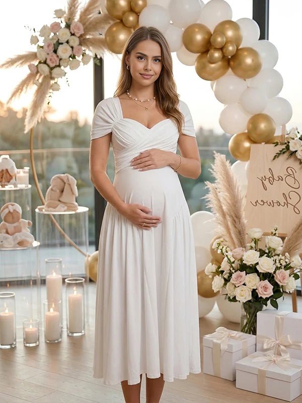 Momyknows White Cross Chest Bodice Ruched A-line Maternity Midi Dress
