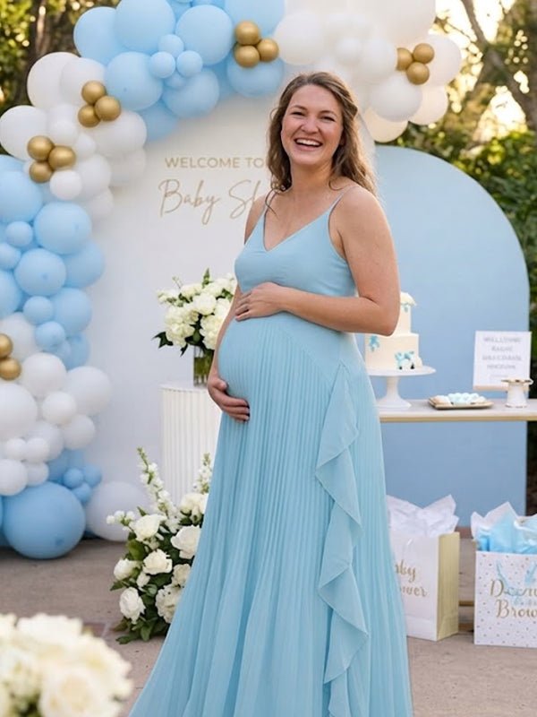 Momyknows Sky Blue Pleated Ruffle Flowy Spaghetti Strap Photoshot Maternity Maxi Dress