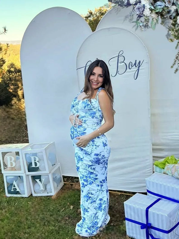 Momyknows Lace-up Spaghetti Strap Stamp Duty Party Banquet Baby Shower Maternity Photoshoot Maxi Dress
