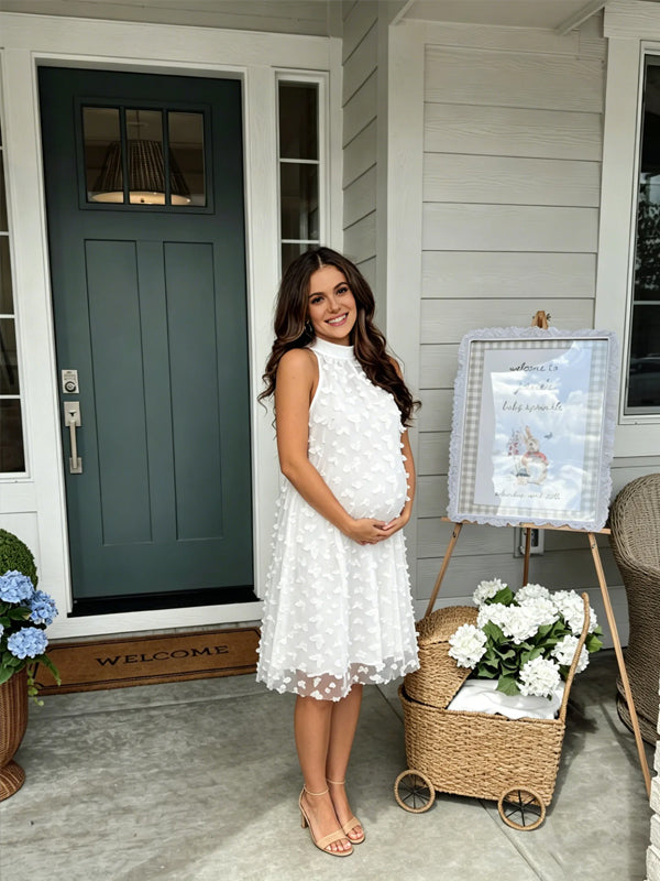 Momyknows White Halter Neck Double layer Grenadine A-Line Maternity  Babyshower Mini Dress
