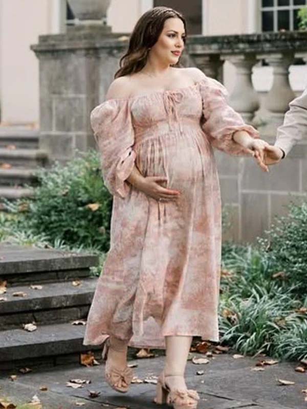Momyknows Floral Smocked Lace-Up Off Shoulder A-line Maternity Maxi Dress