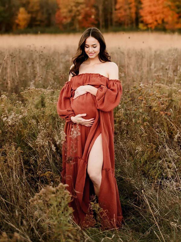 open lace back dress Orange Off Shoulder Side Slit Ruffle Photoshoot Maternity Maxi Dress –  Momyknows