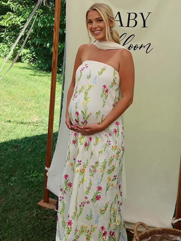 Momyknows White Floral Bandeau Strapless Big Swing Maternity Maxi Dress