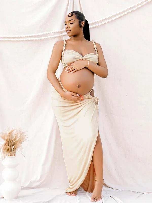 Momyknows Apricot Crop Side Slit Braided Two Piece Set Maternity Maxi Dress