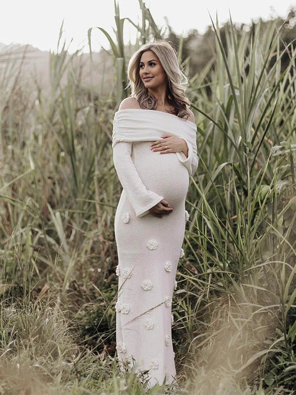 Momyknows White Off Shoulder 3D Flowers Backless Bodycon Mermaid Cocktail Party Gowns Bandage Photoshoot Maternity Maxi Dress, White / L
