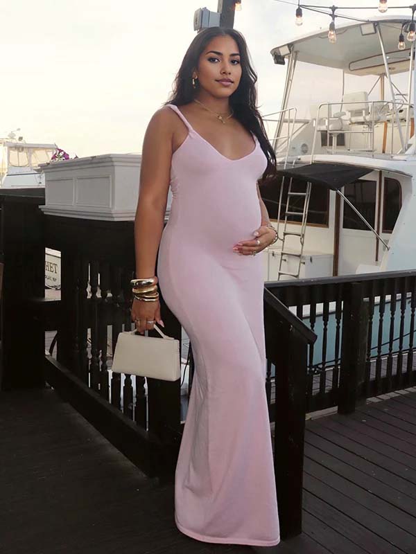 Momyknows Pink Cami Backless Bodycon Basic Maternity Maxi Dress Momyknows Pink Cami Backless Bodycon Basic Maternity Maxi Dress