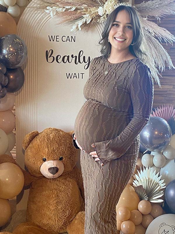 Momyknows Coffee Side Slit Thread Maternity Baby Shower Maxi Dress