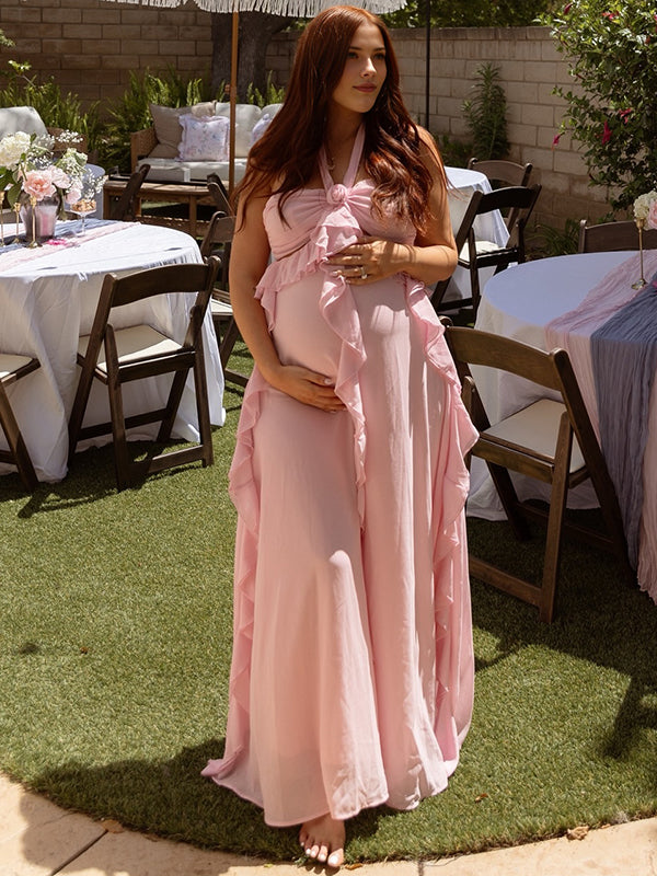Momyknows Pink Ruffle 3D Flower Cut Out Halter Neck Elegant Maternity Maxi Dress