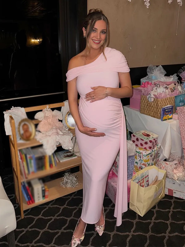 Momyknows Pink Off Shoulder Draped Baby Girl Shower Maternity Maxi Dress