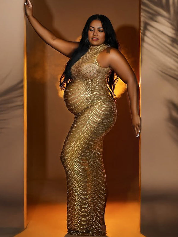 Momyknows Gold Rhinestone Mesh Sheer Backless Plus Photoshoot Maternity Maxi Dress