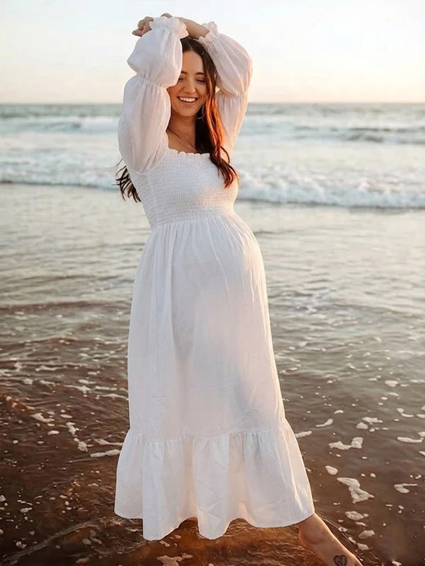 Momyknows White Ruffle Ruched High Waist Puff Sleeve Cute Photoshoot Maternity Maxi Dress White / S
