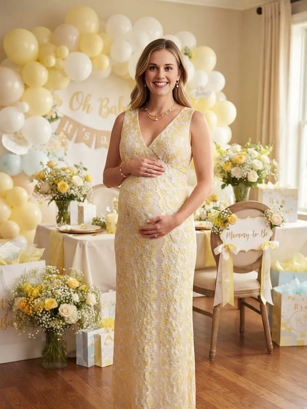 yellow lace bodycon dress Momyknows V-neck Sleeveless Backless Maternity Baby Shower Maxi Dress, Yellow / L Fit:Athletic New Year’s Eve Rithum Petal and Pup Women's