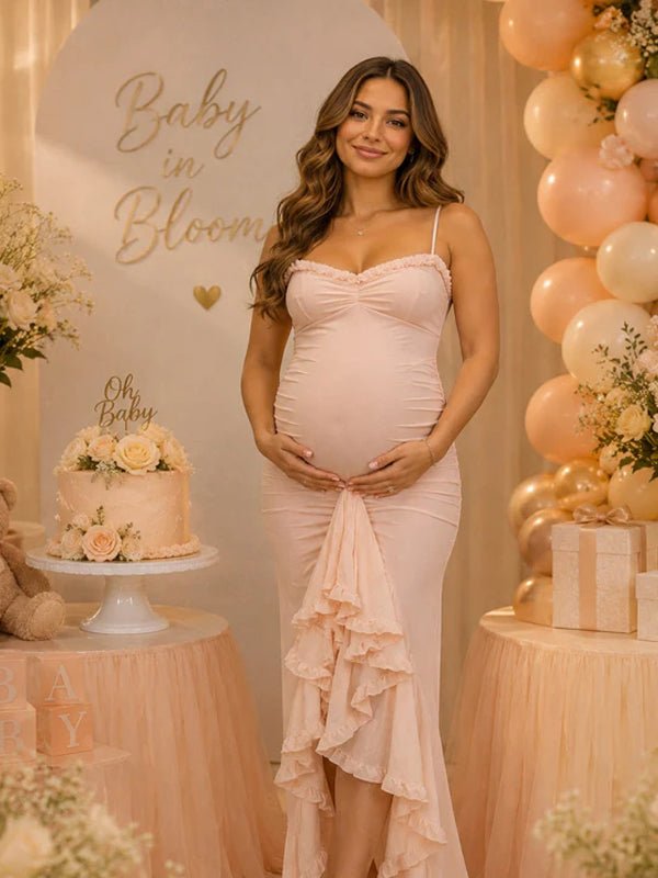 light pink maternity dress Momyknows Spaghetti Strap Ruffle Ruched Grenadine Baby Shower Maxi Dress, / XS G String timeless focal point Sparkly Gold and Black Finish:J-White