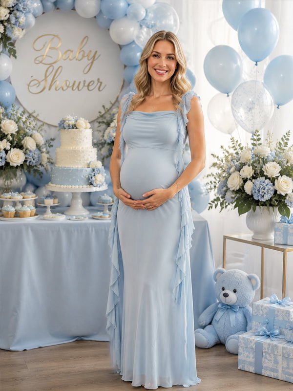 Momyknows Blue Sleeveless Falbala Bodycon Backless Baby Shower Maternity Maxi Dress