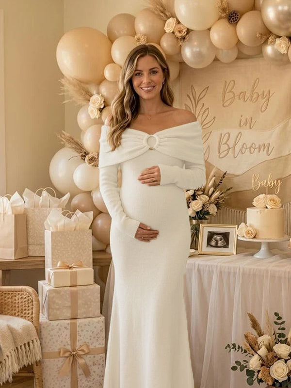 maternity bridal shower dresses Elegant Off Shoulder Baby Maxi Dress Featuring a stretchy shirred