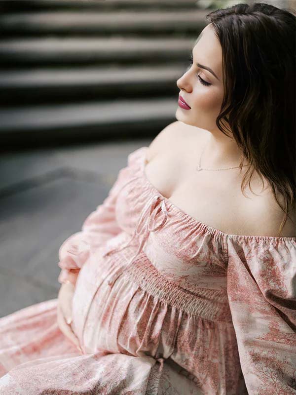 Momyknows Floral Smocked Lace-Up Off Shoulder A-line Maternity Maxi Dress