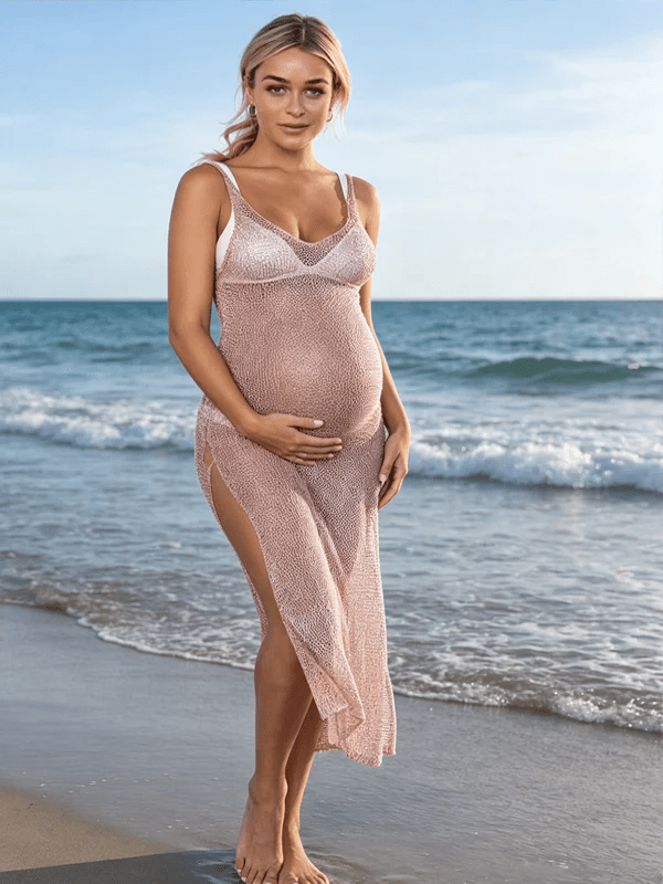 maternity beach photoshoot dress Momyknows Light Pink Cut Out Double Slit Sheer Knitting Mesh Midi 38cm;2xl Color:Navy Periwinkle 100422-popular Black Puff Sleeve Midi