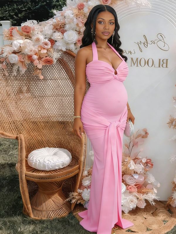 Momyknows Halter Neck Backless Ruched Lace Up Maternity Baby Shower Maxi Dress Pink / M