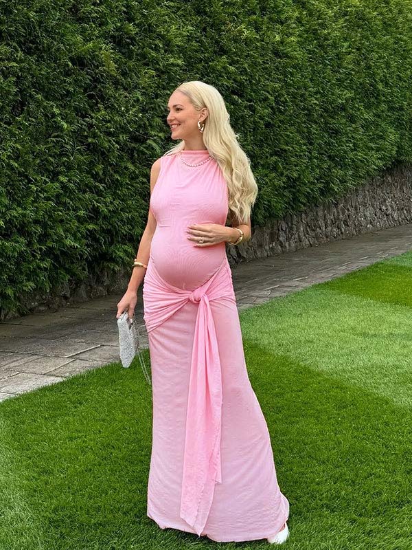 Momyknows Pink Lace-up Pennant Grenadine Banquet Party Baby Shower Maternity Photoshoot Maxi Dress