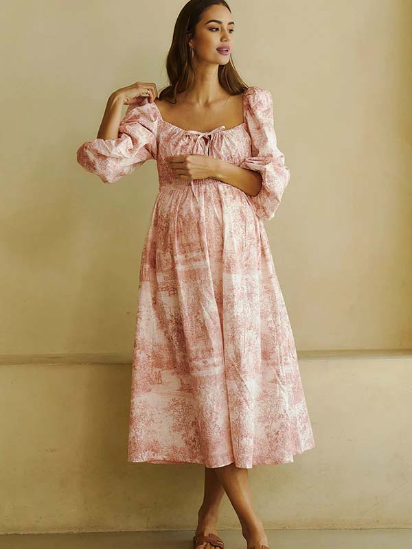 Momyknows Floral Smocked Lace-Up Off Shoulder A-line Maternity Maxi Dress