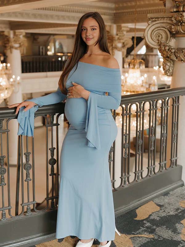 fitted lace wedding dress Momyknows Off Shoulder Flutter Sleeve Maternity Baby Shower Maxi Dress Brown / M